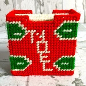 Vtg Set 4 Plastic Canvas Yarn Poinsettia COASTERS Red Green Christmas Handmade